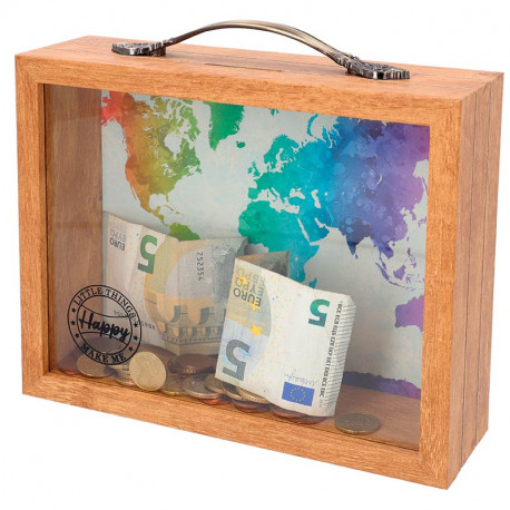 Hucha portafotos de madera forma maleta